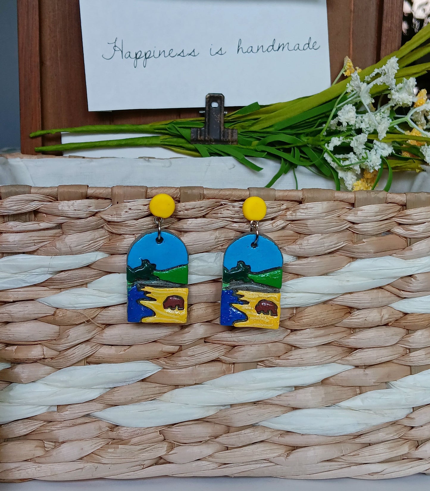 Kawaii buffalo earrings / polymer clay Yellowstone landscape dangle earrings / clay buffalo jewelry / landscape trees earrings