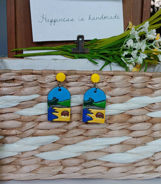 Kawaii buffalo earrings / polymer clay Yellowstone landscape dangle earrings / clay buffalo jewelry / landscape trees earrings
