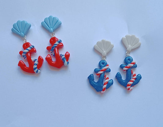 Kawaii nautical earrings / polymer clay anchor earrings / kawaii anchor nautical jewelry / clay shell anchor rope beach earrings