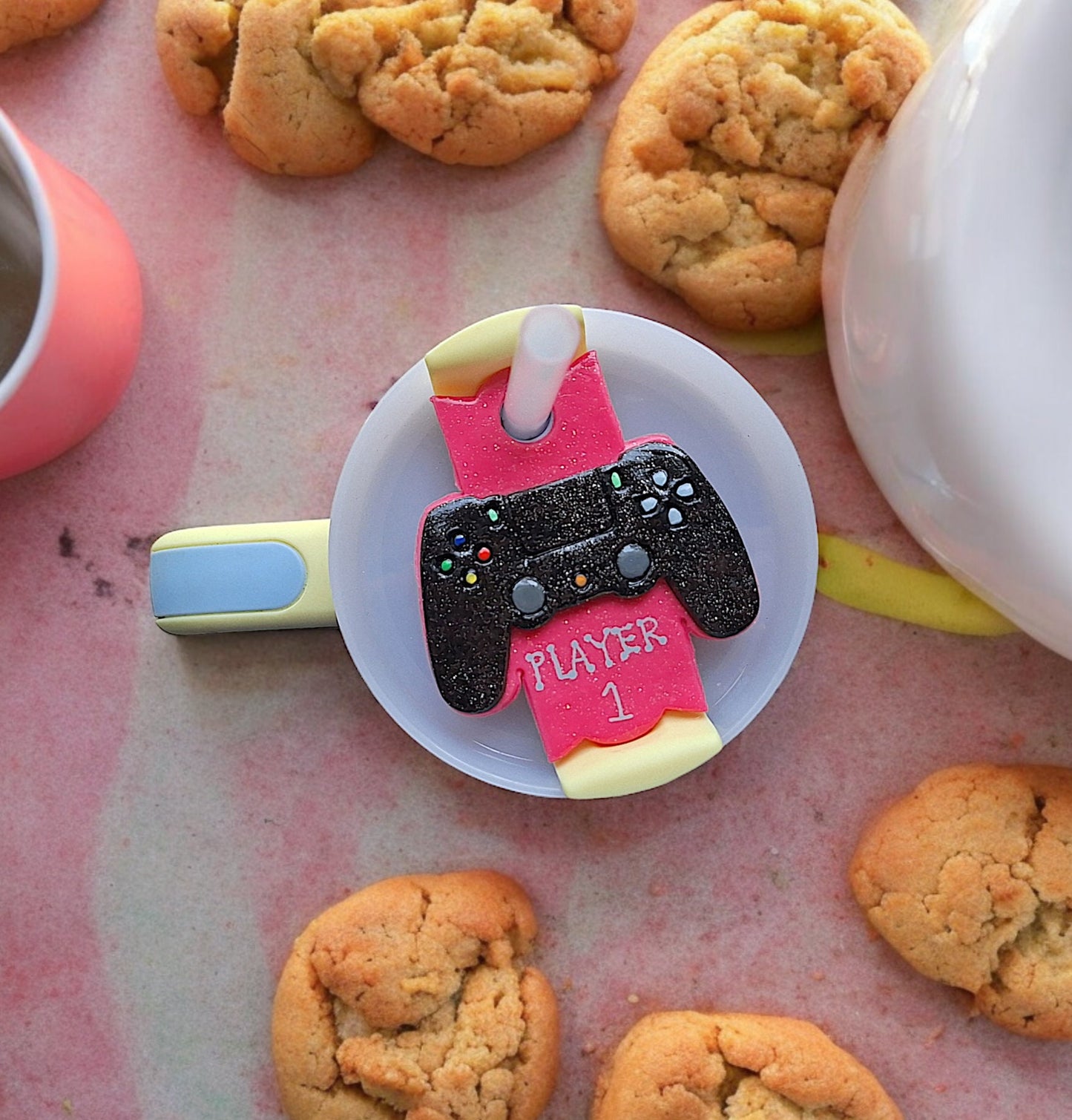 Polymer clay straw tag tumbler topper / clay tumbler accessories / game controller player one tumbler topper straw tag tumbler accessories