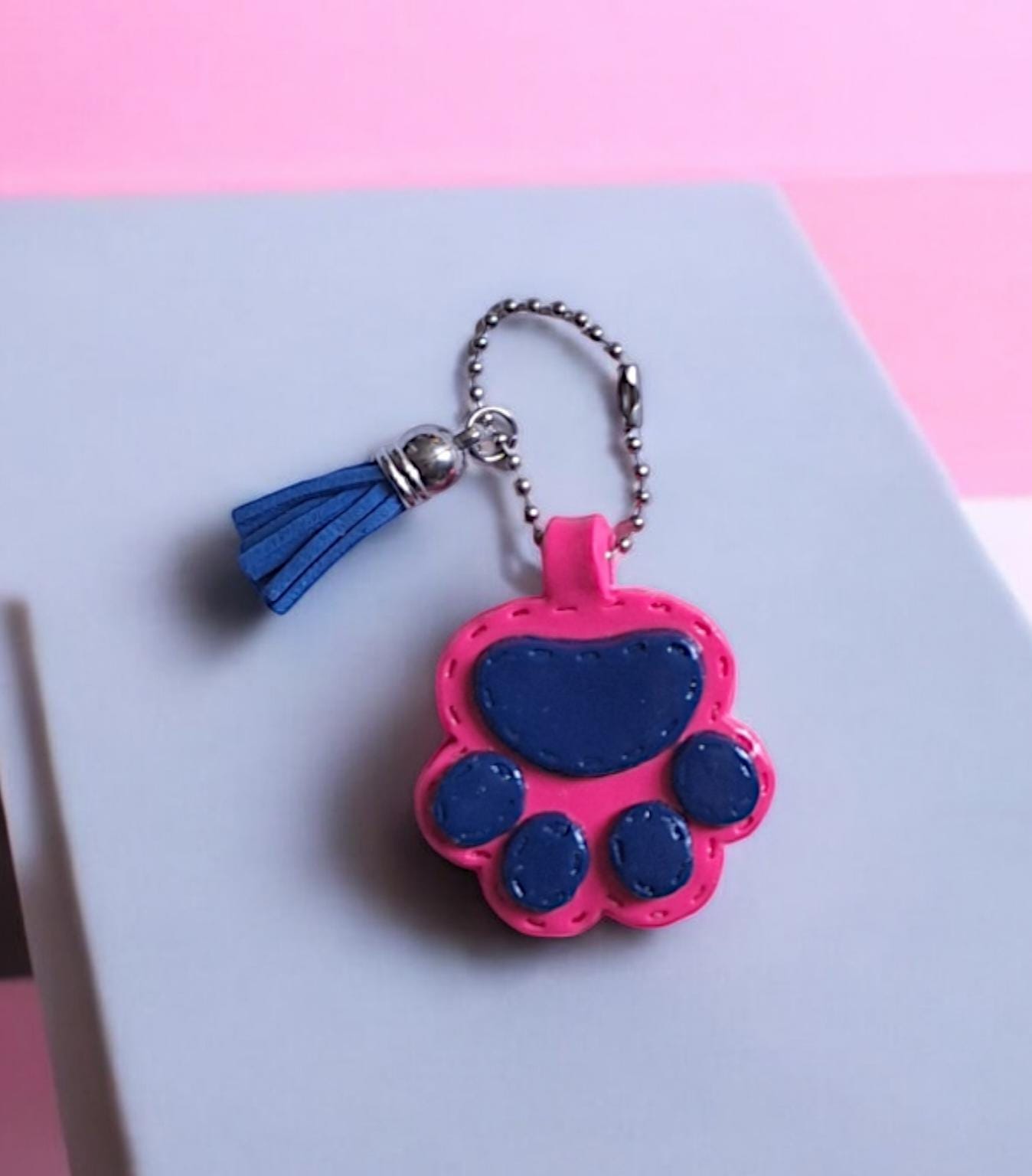 Polymer clay paw print faux leather look stitch style keychain / cute clay pawprint bag accessories key chain