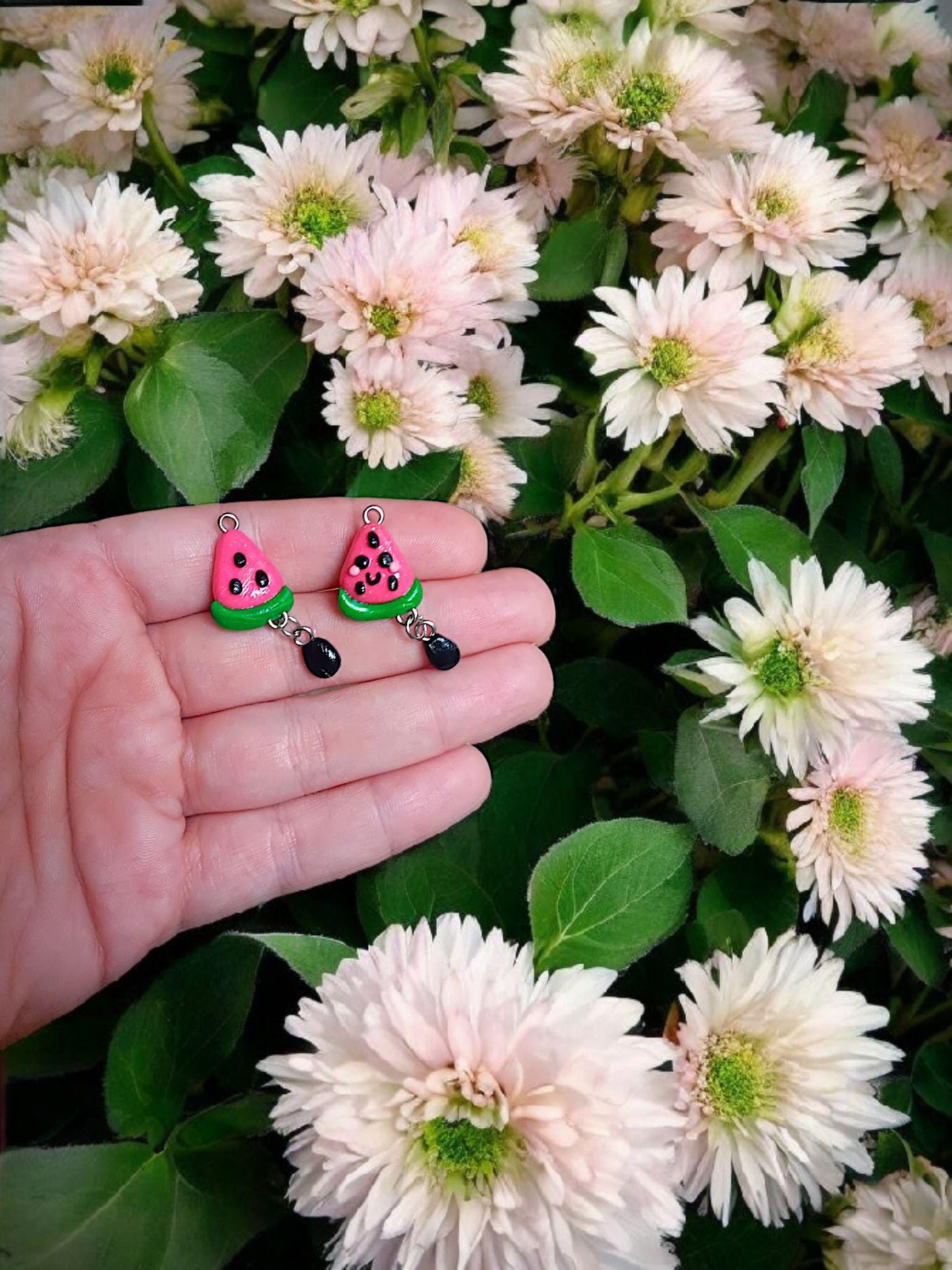 Polymer clay dangle watermelon charms / cute kawaii clay watermelon seed summer fruit jewelry stitch marker progress keeper notions