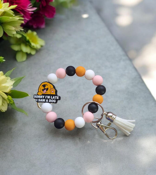 Silicone beaded wristlet keychain / sorry I'm late dog silicone beaded wristlet keychain / golden retriever bag accessory key chain gift