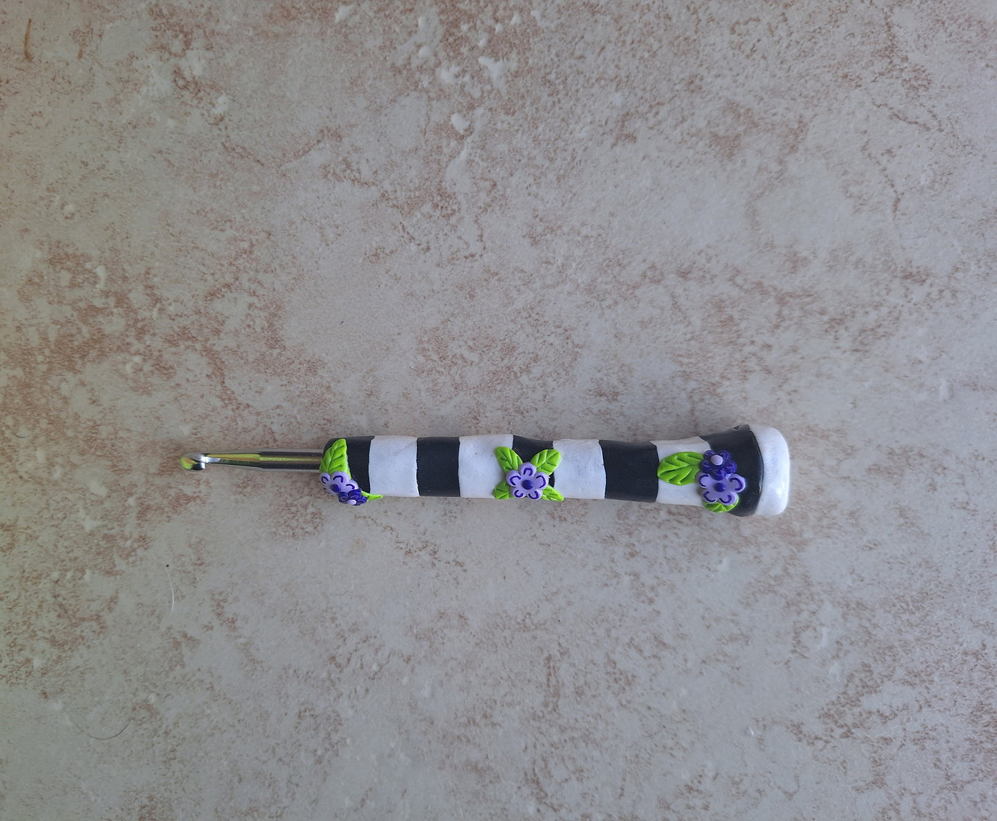 Polymer clay black white stripe purple daisy crochet hook