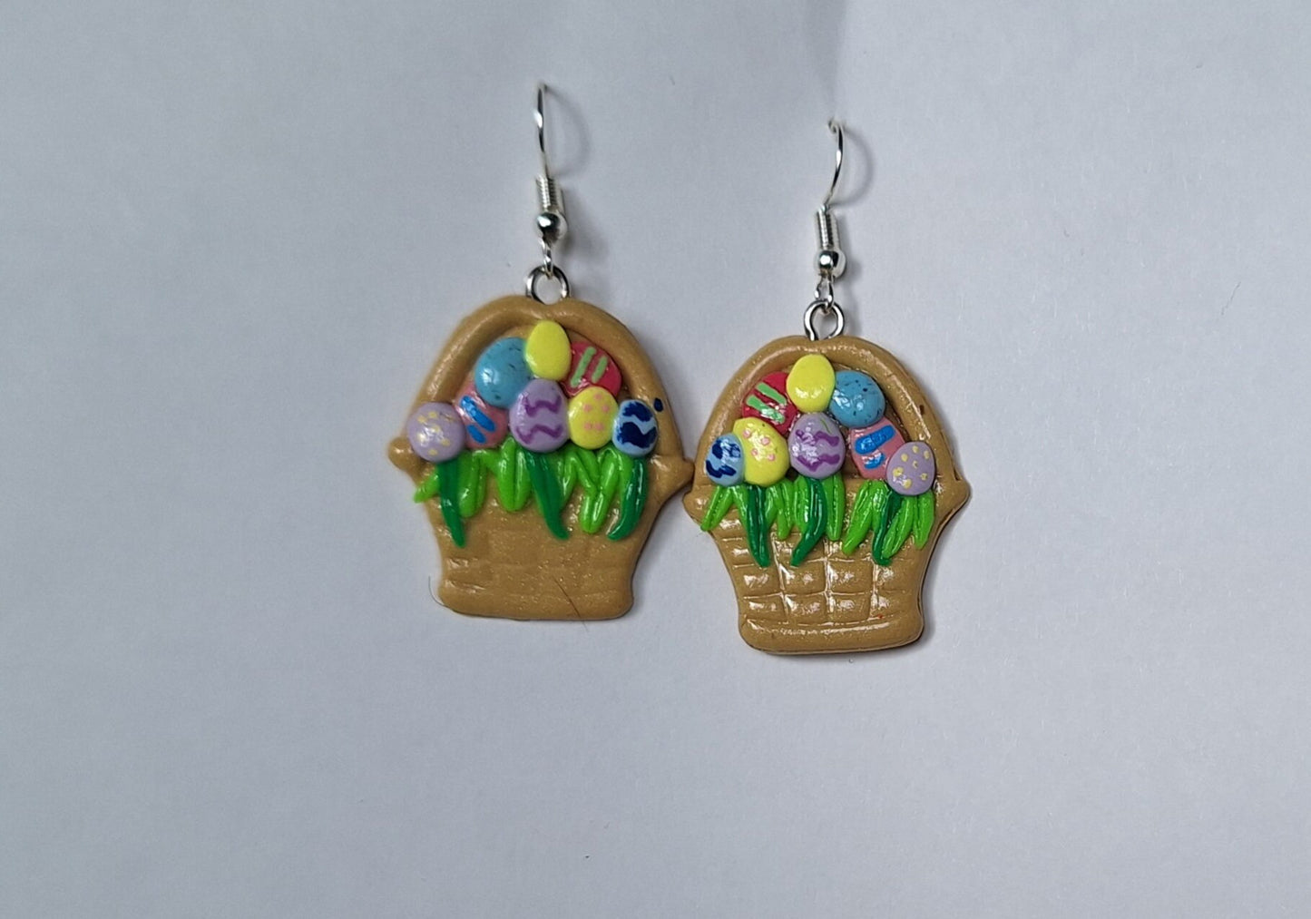 Kawaii clay easter egg basket earrings / polymer clay spring summer dangle stud earrings / clay easter earrings jewelry easter grass