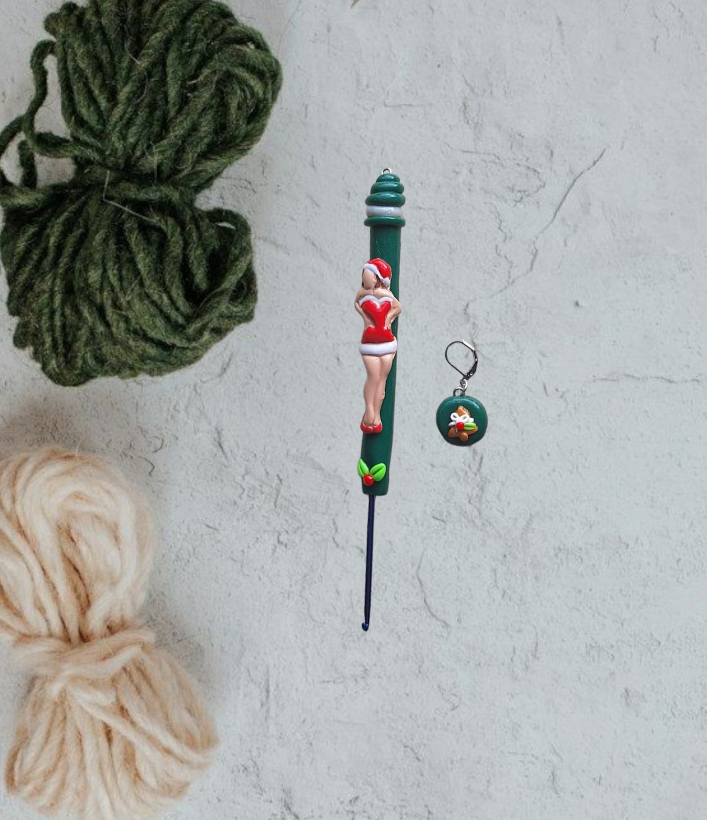 Polymer clay christmas holiday vintage pin up santa crochet hook
