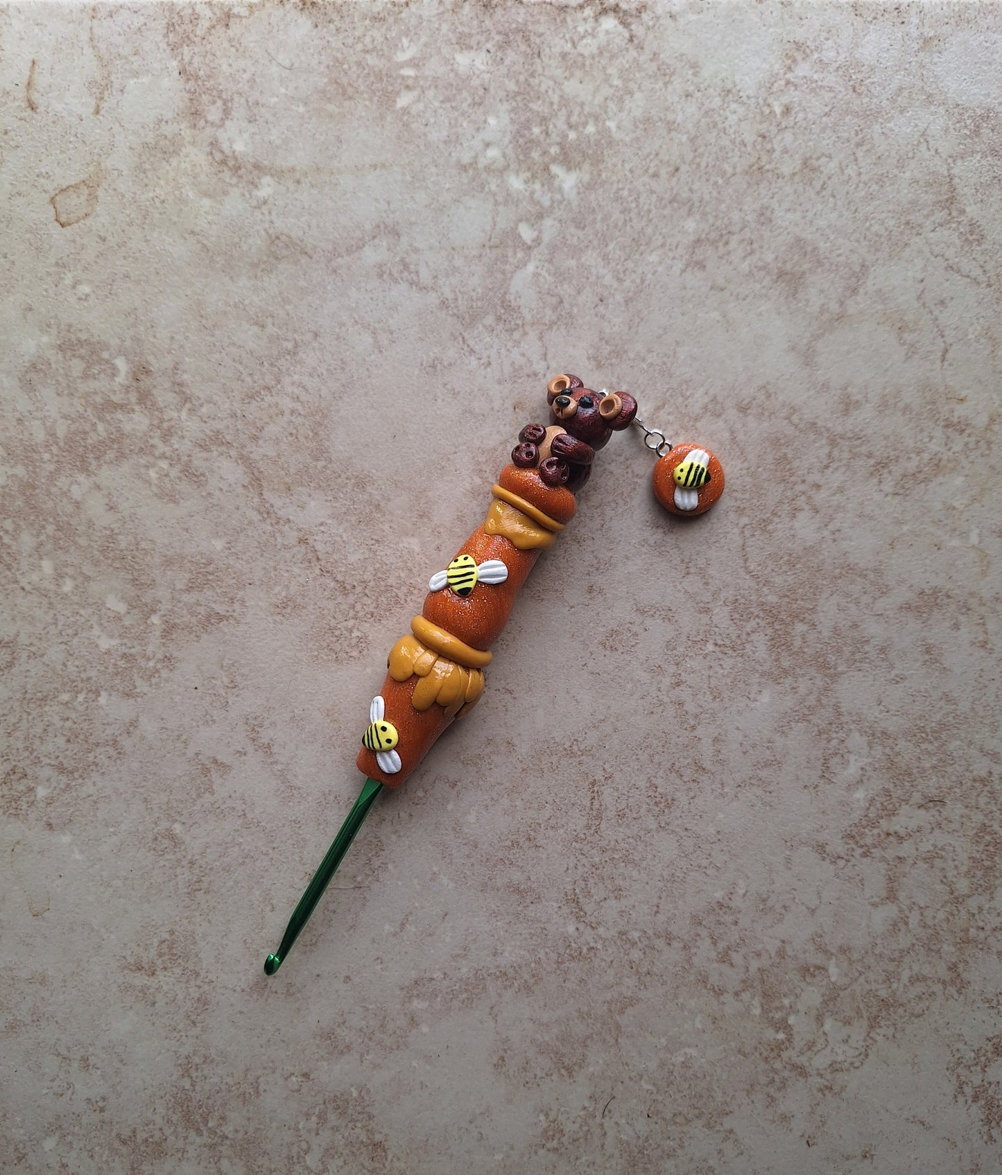 Polymer clay honey bee bear crochet hook with stitch marker
