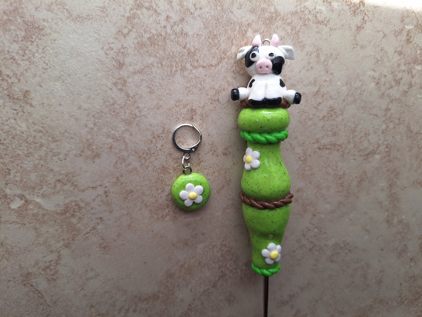 Polymer clay cute daisy cow crochet hook with stitch marker