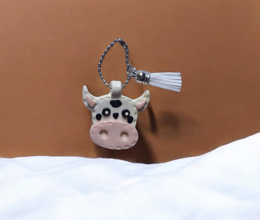 Polymer clay cow faux leather look stitch style keychain / cute clay black white cow bag accessories key chain