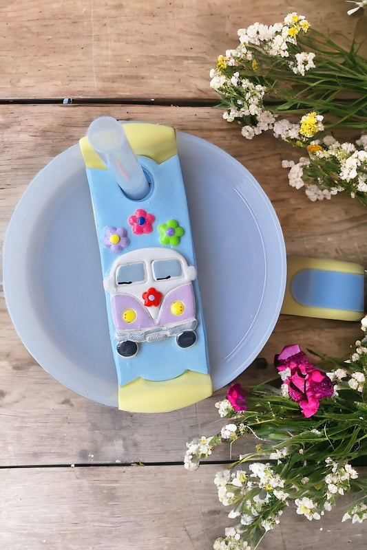 Polymer clay straw tag for stanley tumbler topper tumbler accessories / daisy van tumbler topper tag / peace hippie van tumbler accessories