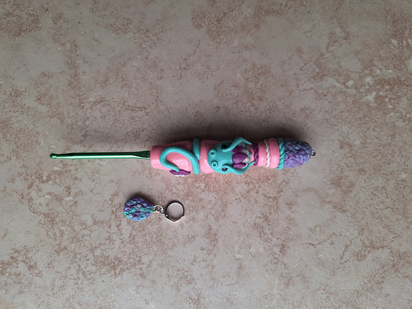 Polymer clay pink purple teal dragon egg crochet hook