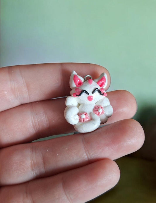 White pink kitsune fox sakura charms / polymer clay fox with sakura charms / kawaii fox animal charms stitch marker progress keeper notions