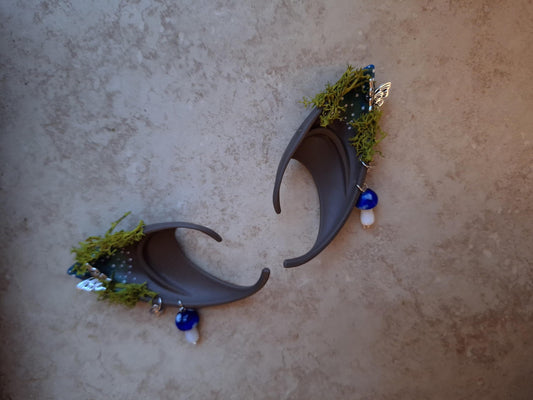 Blue mushroom toadstool rubber fairy pixie elf ears / halloween costume accessory cosplay elf ears / painted elf ears with earrings