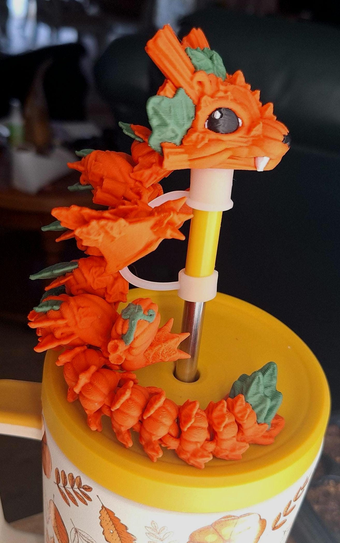 3D articulated orange pumpkin wyvern dragon straw cap / 3d printed dragon animals / pumpkin fall dragon straw topper cover Fidget figurines