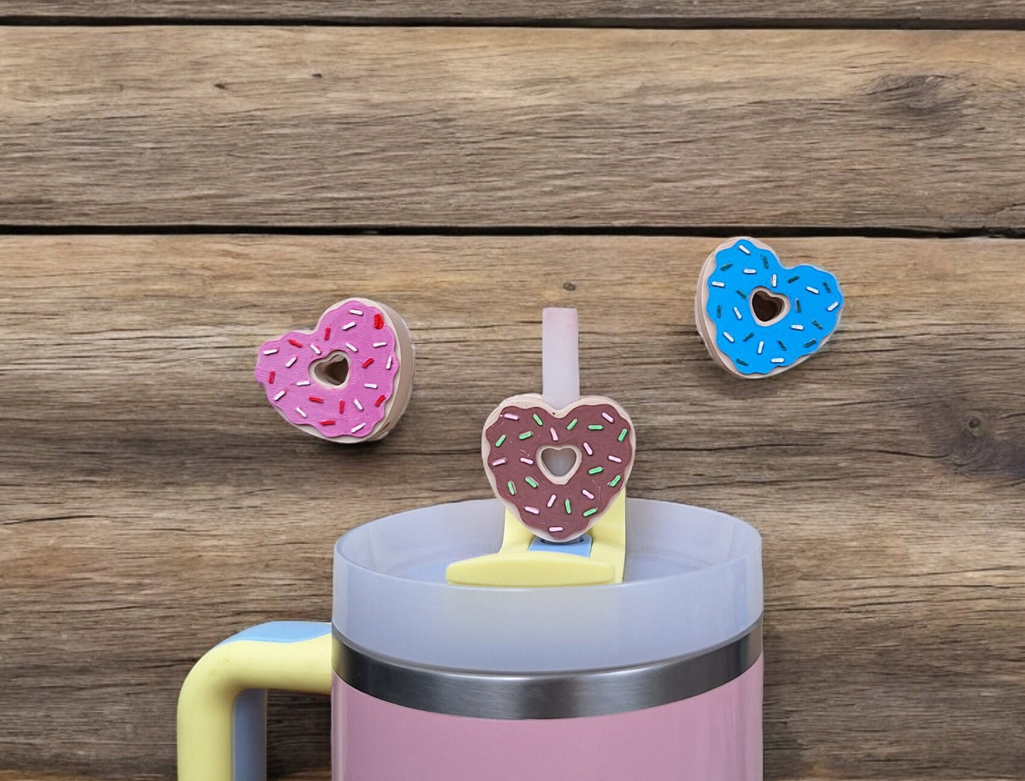 3D printed frosted heart donut straw buddy charm tumbler accessories / tumbler charm straw buddy / valentine holiday straw topper charm
