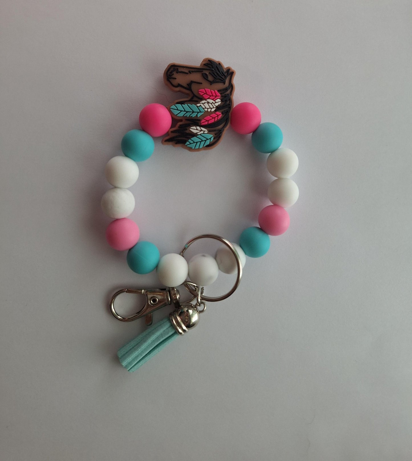 Silicone beaded wristlet / colorful horse with feathers silicone beaded wristlet keychain / country western bag accessories key chain