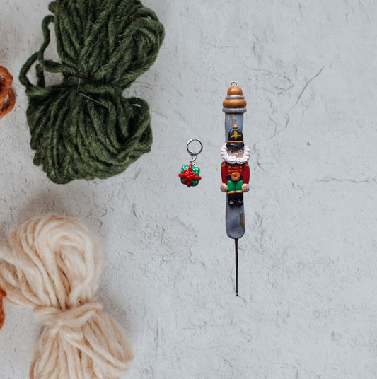 Polymer clay silver gold marbled nutcracker holiday Christmas crochet hook with stitch marker