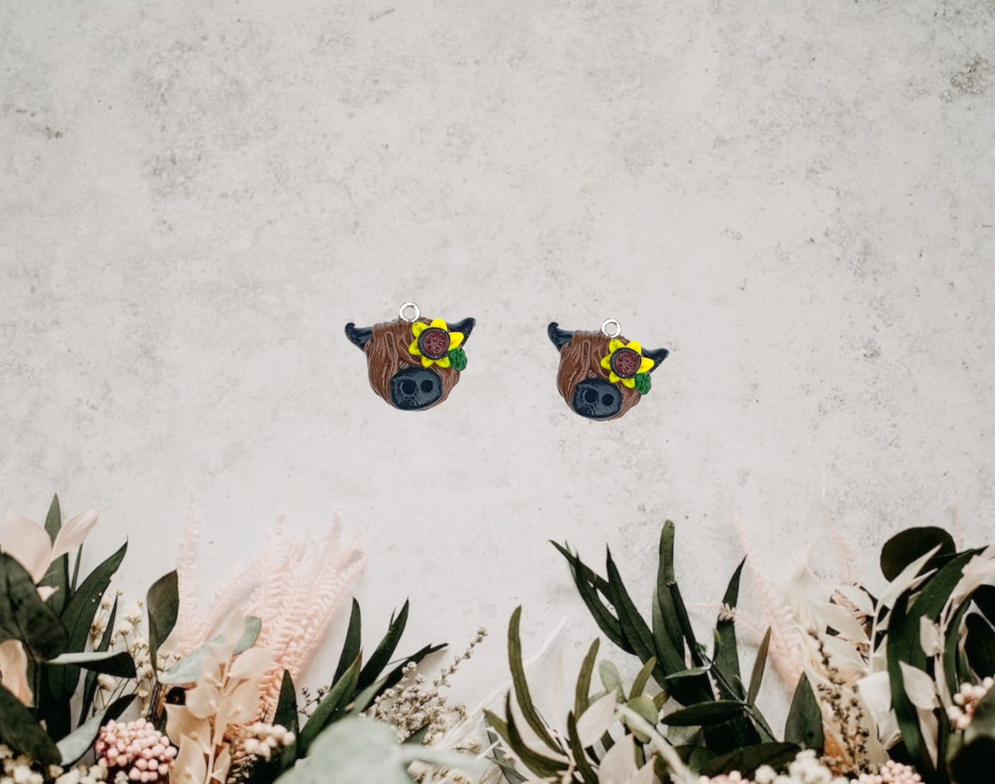 Kawaii sunflower highland cow charms / polymer clay floral cow charms / kawaii cow bull charms / clay sunflower charms stitch markers