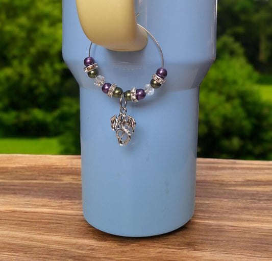 faux pearl green purple silvertone dragon charm tumbler accessories tumbler charm  buddy / beaded dragon cup handle charm