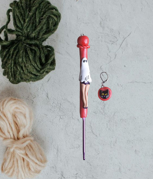 Polymer clay pin up sheet ghost babe Halloween holiday crochet hook