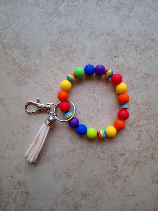 Silicone beaded wristlet keychain / stripe rainbow  silicone beaded wristlet keychain / colorful stripe bag accessories key chain gift