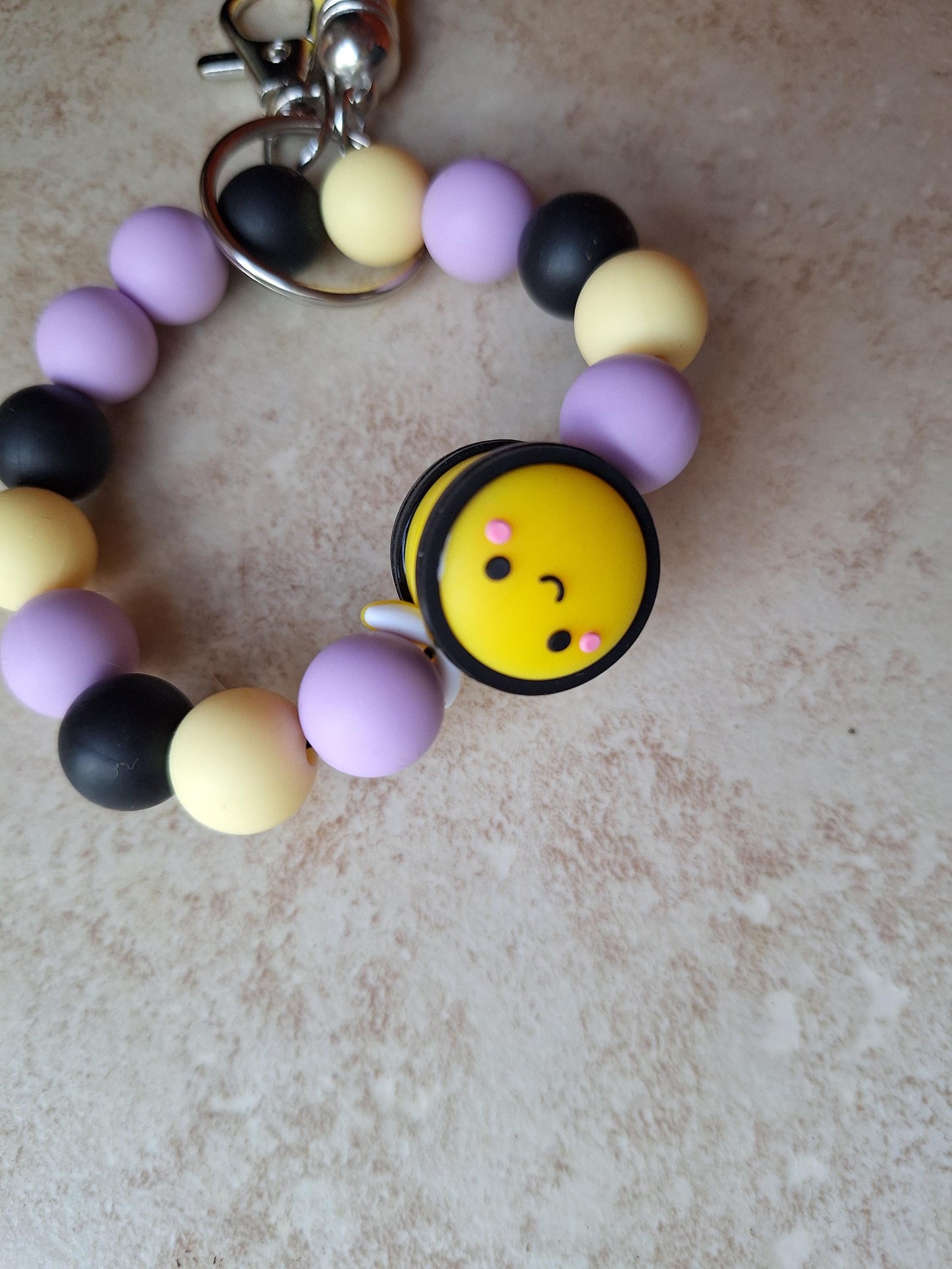 Silicone beaded wristlet keychain / spring summer cute kawaii bee silicone beaded wristlet keychain / bumblebee bag accessories key chain