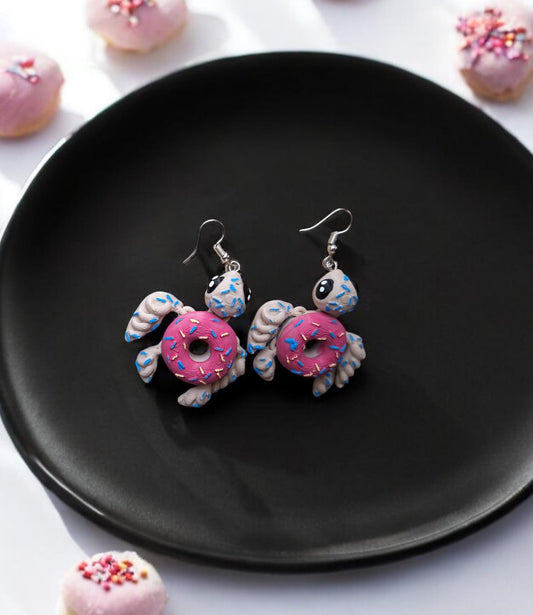 3D articulated pink frosted donut turtle earrings jewelry charm / 3d printed turtle animal donut turtle dangle earrings Fidget