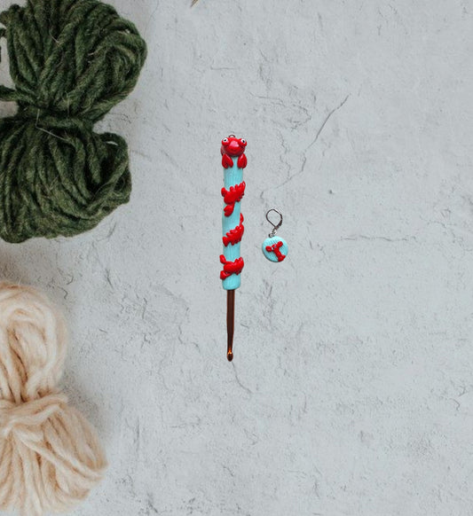 Polymer clay lobster on mint nautical crochet hook with stitch marker