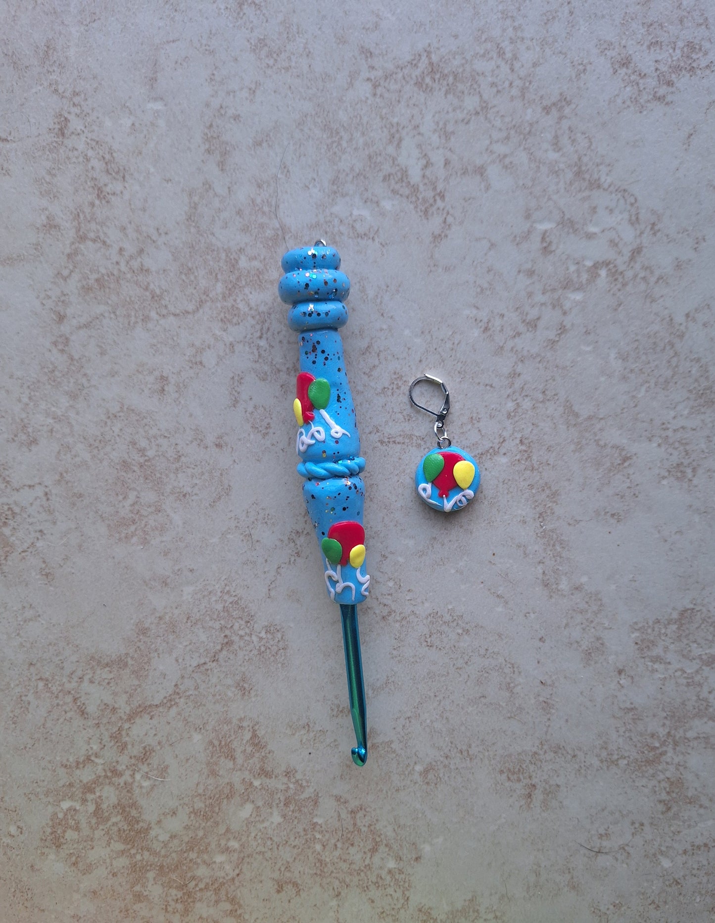 Polymer clay colorful balloons crochet hook with stitch marker