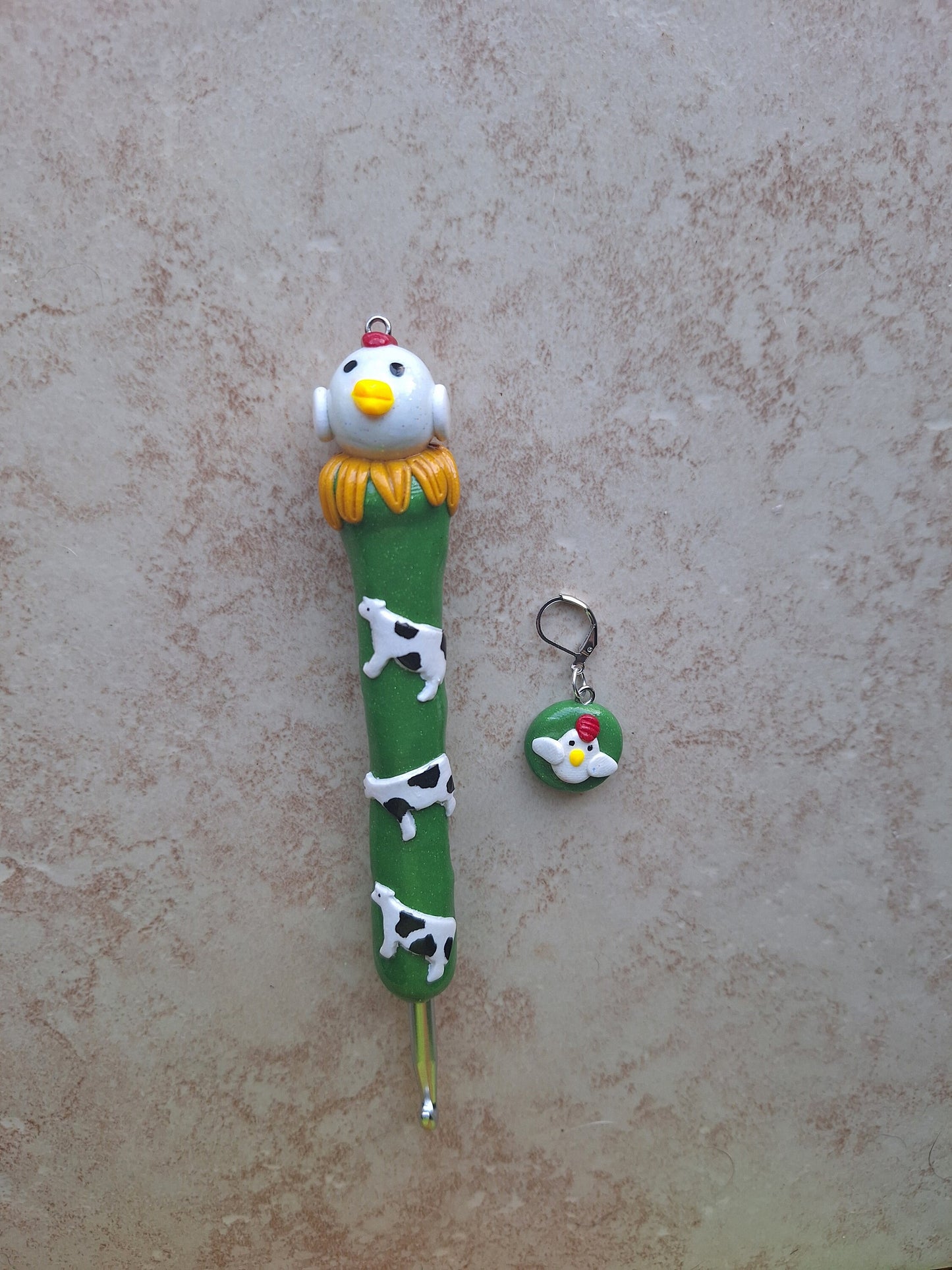 Polymer clay cute cow chicken crochet hook with stitch marker