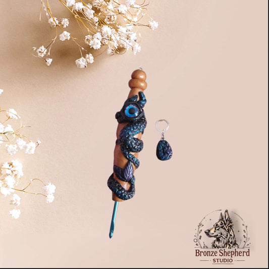 Handmade Polymer clay black blue purple dragon and egg crochet hook with stitch marker