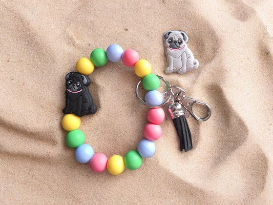 Silicone beaded wristlet keychain black gray pug / dog puppy silicone beaded wristlet keychain / pug dog mom bag accessories key chain gift