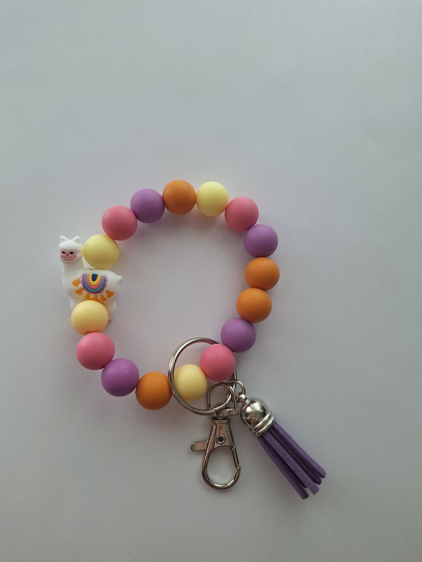 Silicone beaded wristlet keychain / colorful kawaii cute llama silicone beaded wristlet keychain / white Llama bag accessories key chain