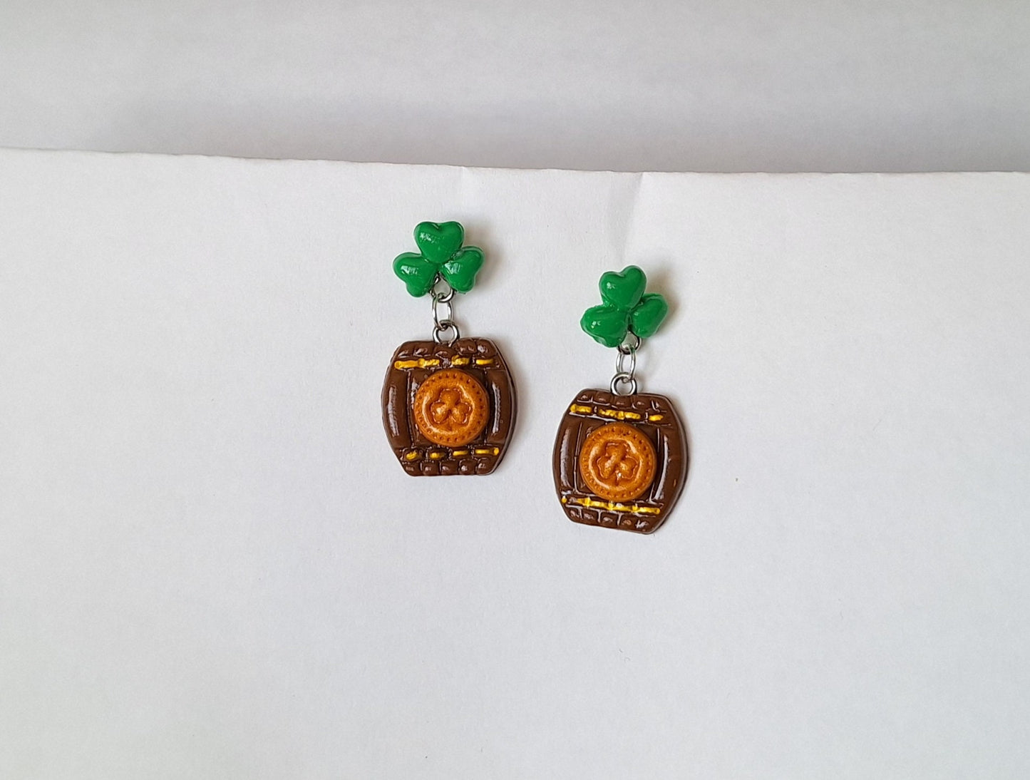 Saint patrick's day clover barrel earrings / polymer clay st patricks day dangle earrings / clover whiskey barrel stud clay earrings