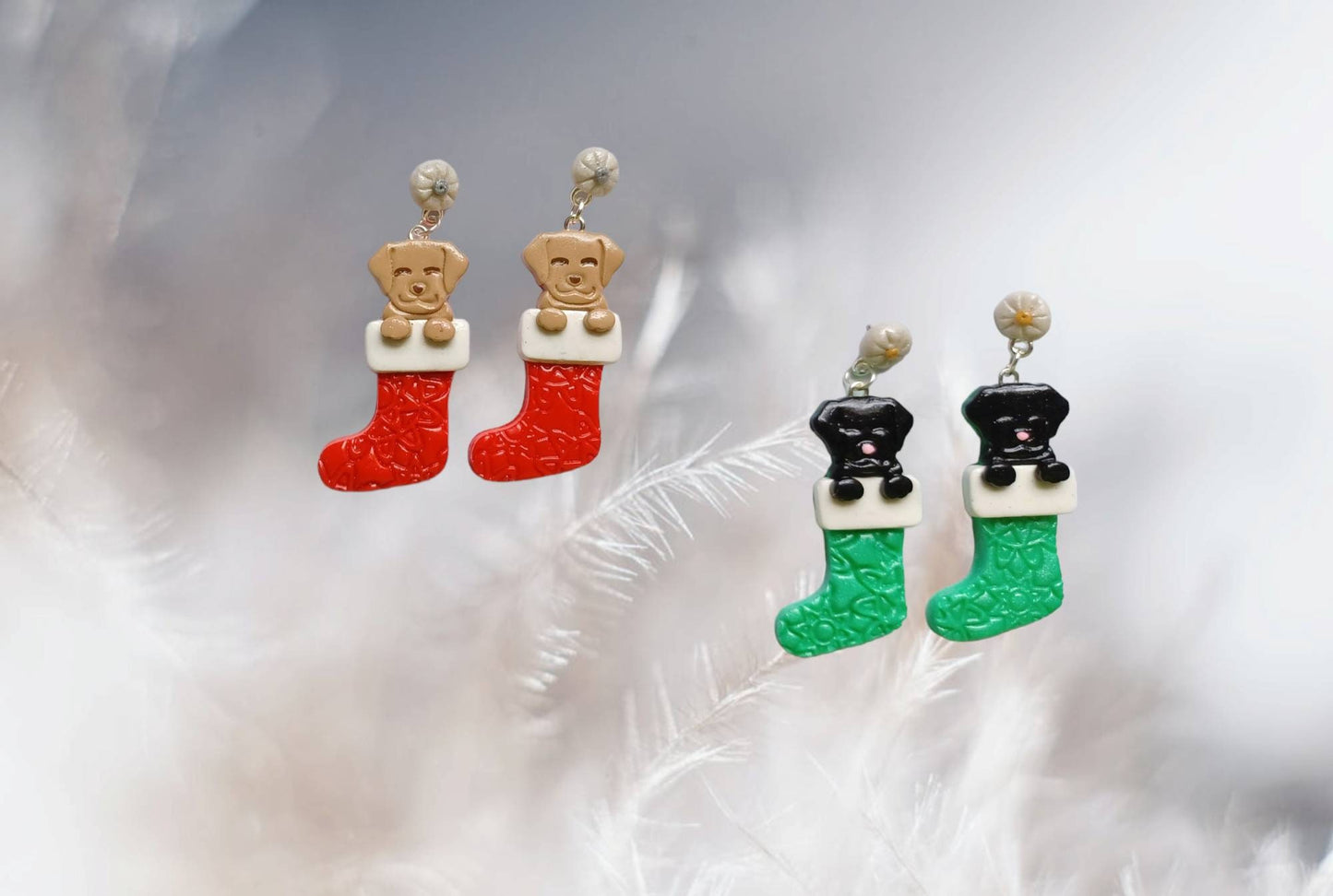 Polymer clay cat puppy dog stocking earrings / polymer clay puppy dog holiday earrings / christmas holiday winter jewelry