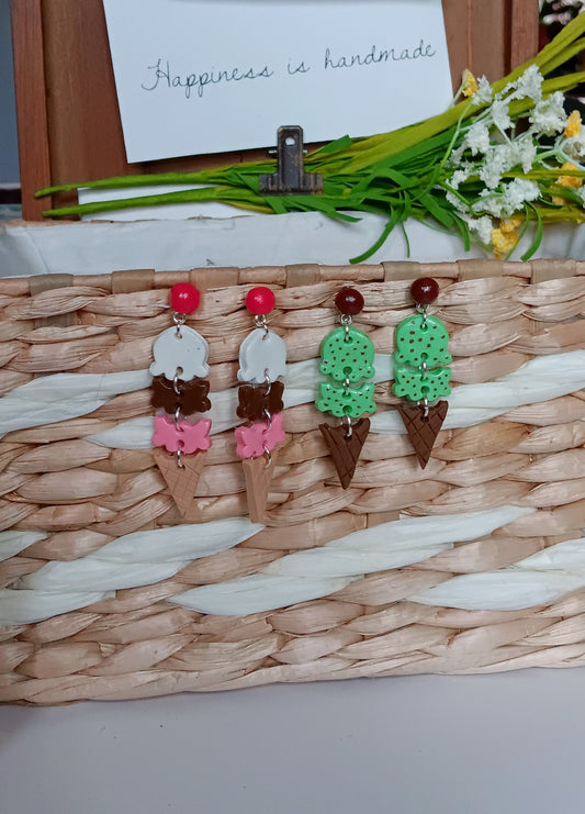 Kawaii ice cream scoop cone earrings / polymer clay ice cream dangle earrings / clay food jewelry / clay neopolitan ice cream earrings