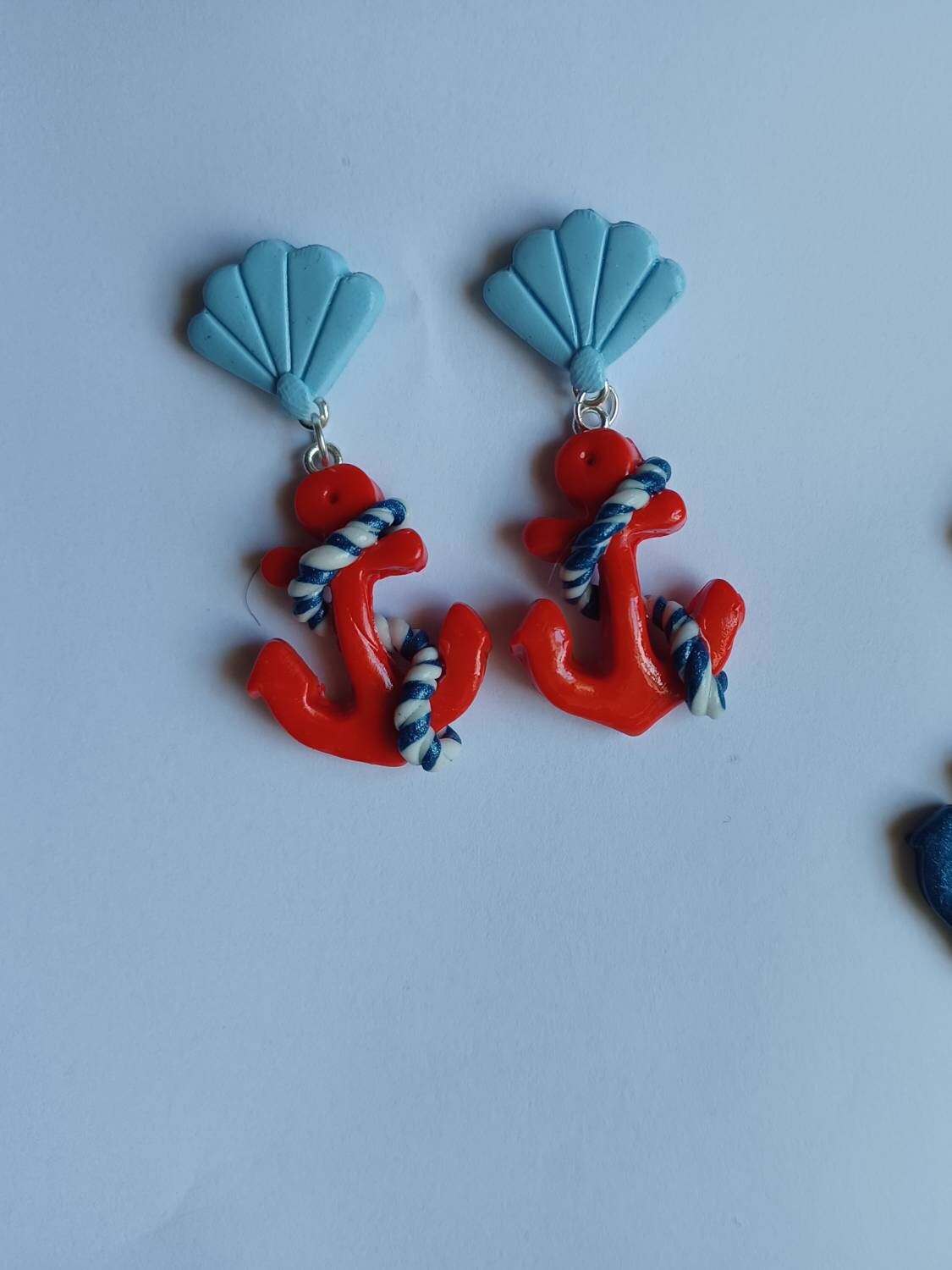 Kawaii nautical earrings / polymer clay anchor earrings / kawaii anchor nautical jewelry / clay shell anchor rope beach earrings