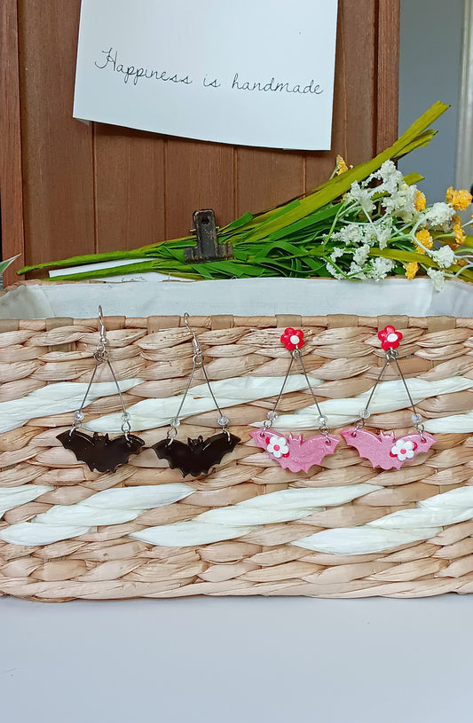 Kawaii halloween pumpkin bat earrings / polymer clay holiday earrings / kawaii pink flower bat jewelry / clay black glitter earrings