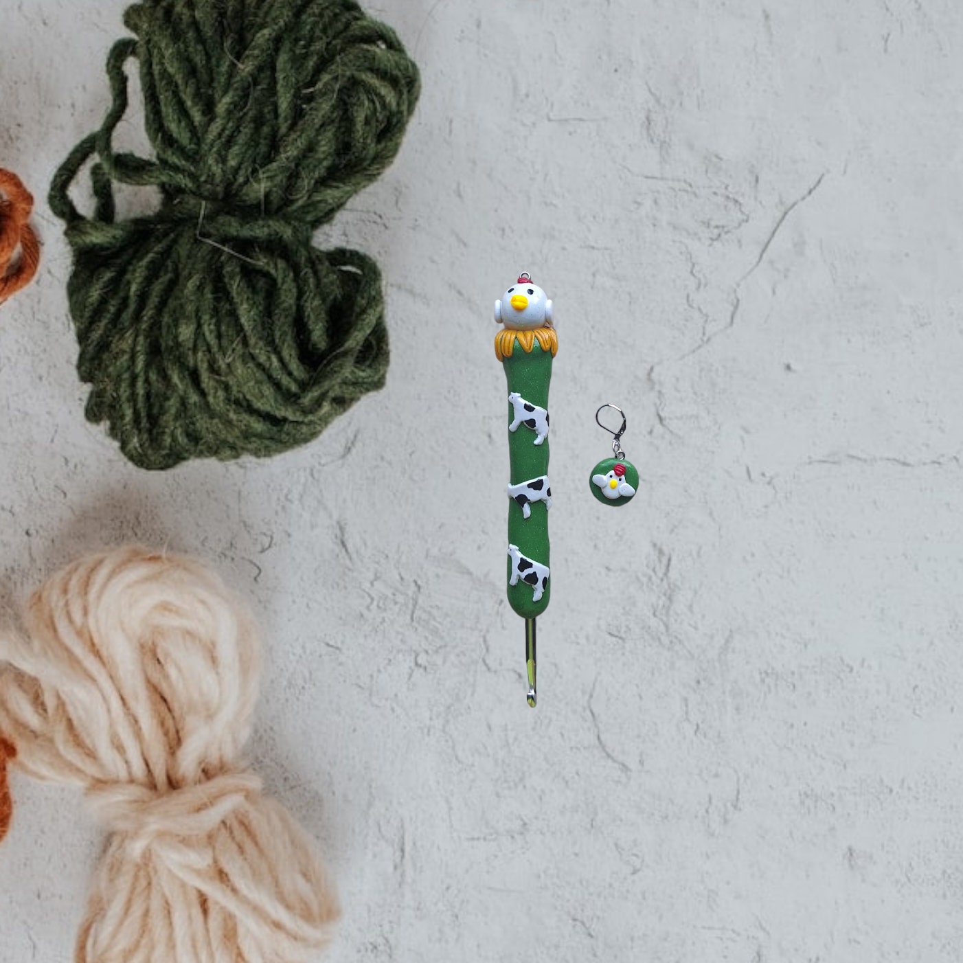 Polymer clay cute cow chicken crochet hook with stitch marker