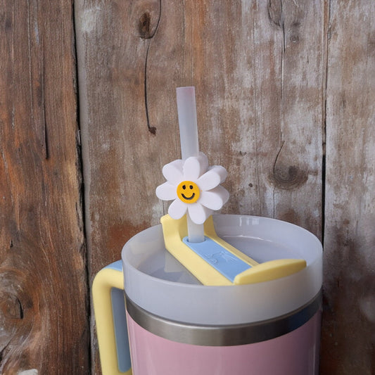 3D printed white purple flower straw buddy charm tumbler accessories / tumbler charm straw buddy / smiley daisy straw topper charm