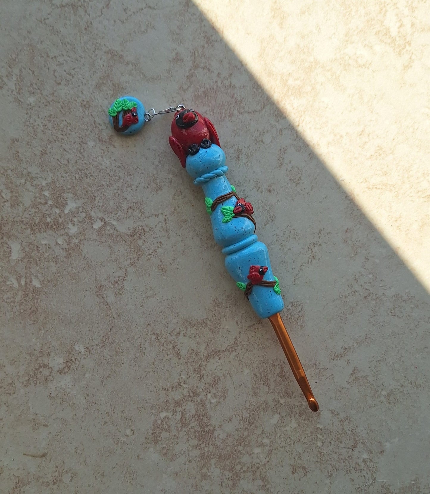 Polymer clay cardinal bird on turquoise clay crochet hook