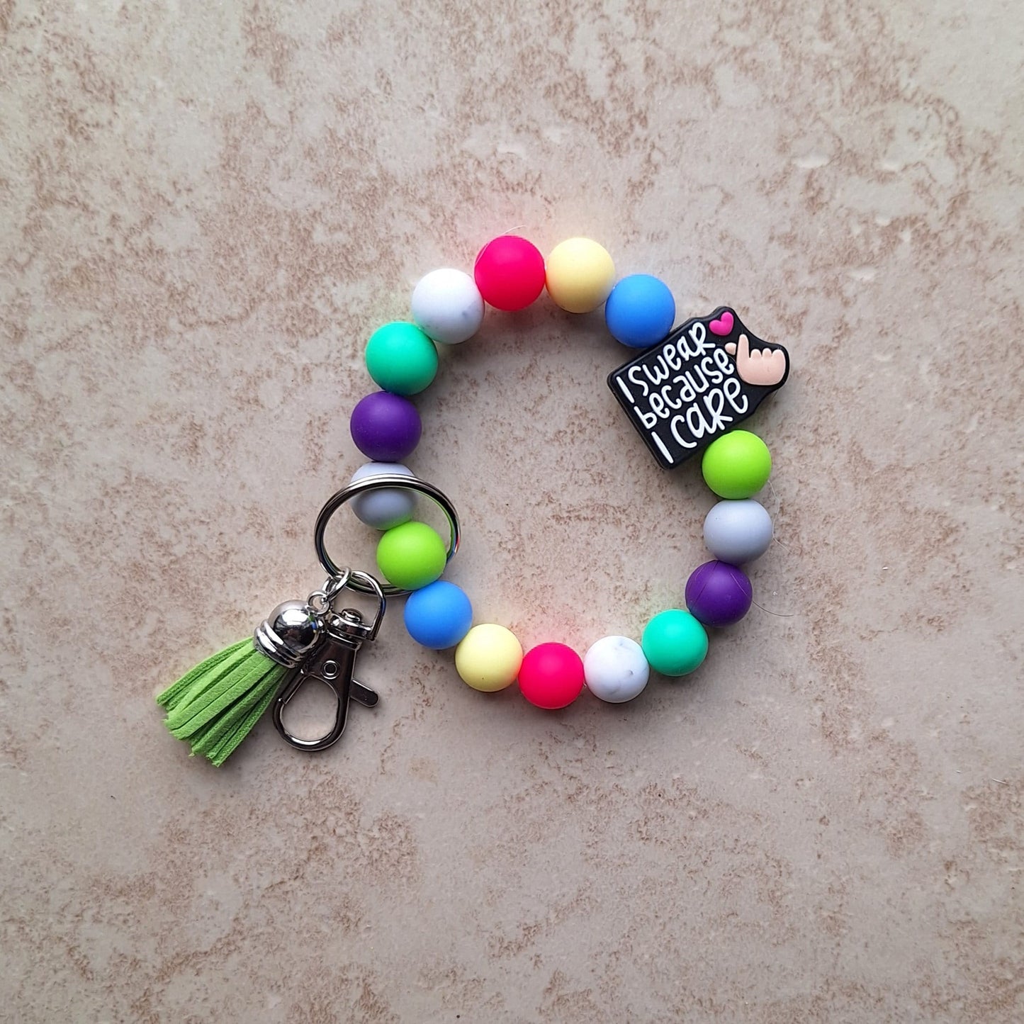 Silicone beaded wristlet keychain / i swear because i care silicone beaded wristlet keychain / swear attitude bag accessories key chain