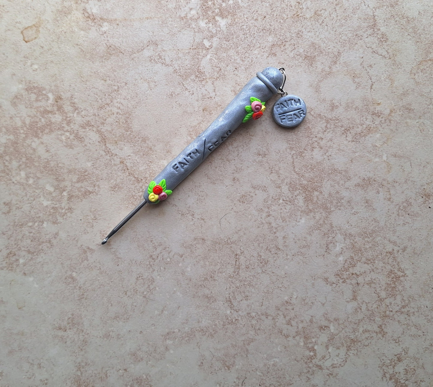 Polymer clay faith over fear inspirational crochet hook