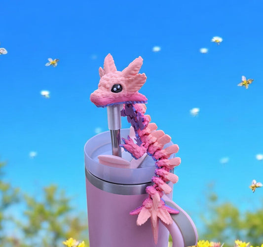 3D articulated colorful axolotl dragon straw cap / 3d printed dragon animals / axolotl dragon straw topper cap cover Fidget figurines