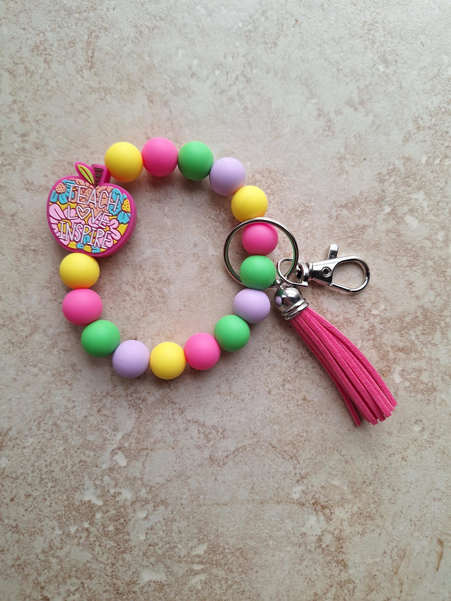 Silicone beaded wristlet keychain / teach love inspire silicone beaded wristlet keychain / teacher gift bag accessories key chain bright