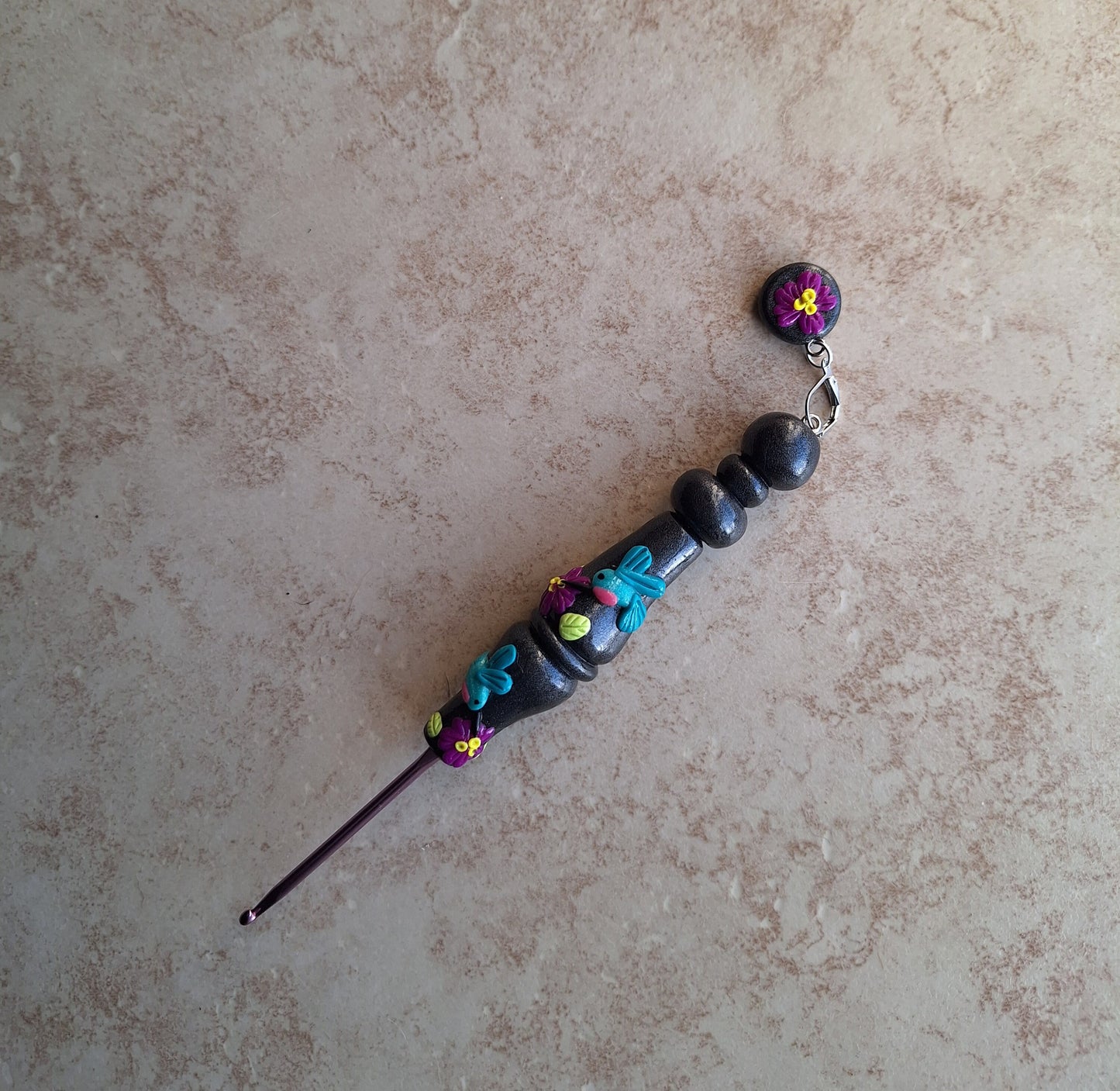Polymer clay spring summer floral hummingbird crochet hook