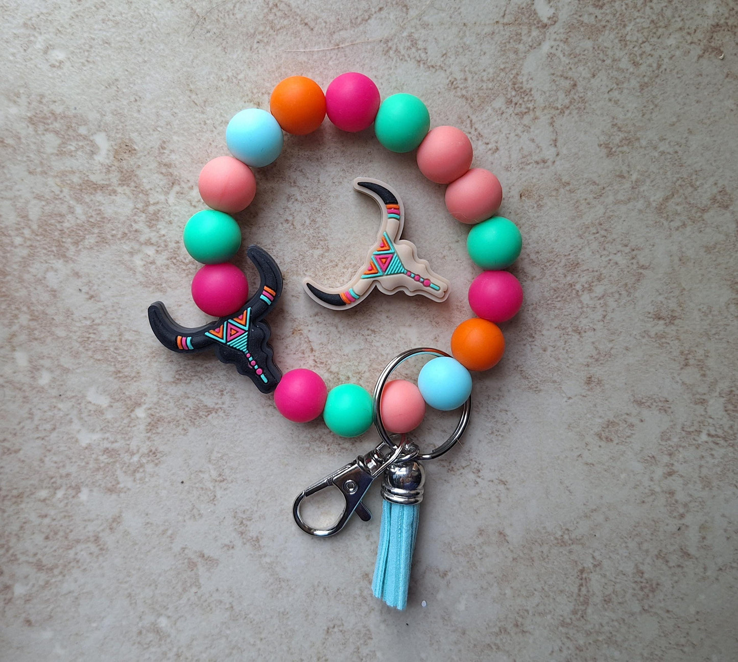 Silicone beaded wristlet keychain / colorful Aztec skull silicone beaded wristlet keychain / teal pink western bag accessory key chain gift