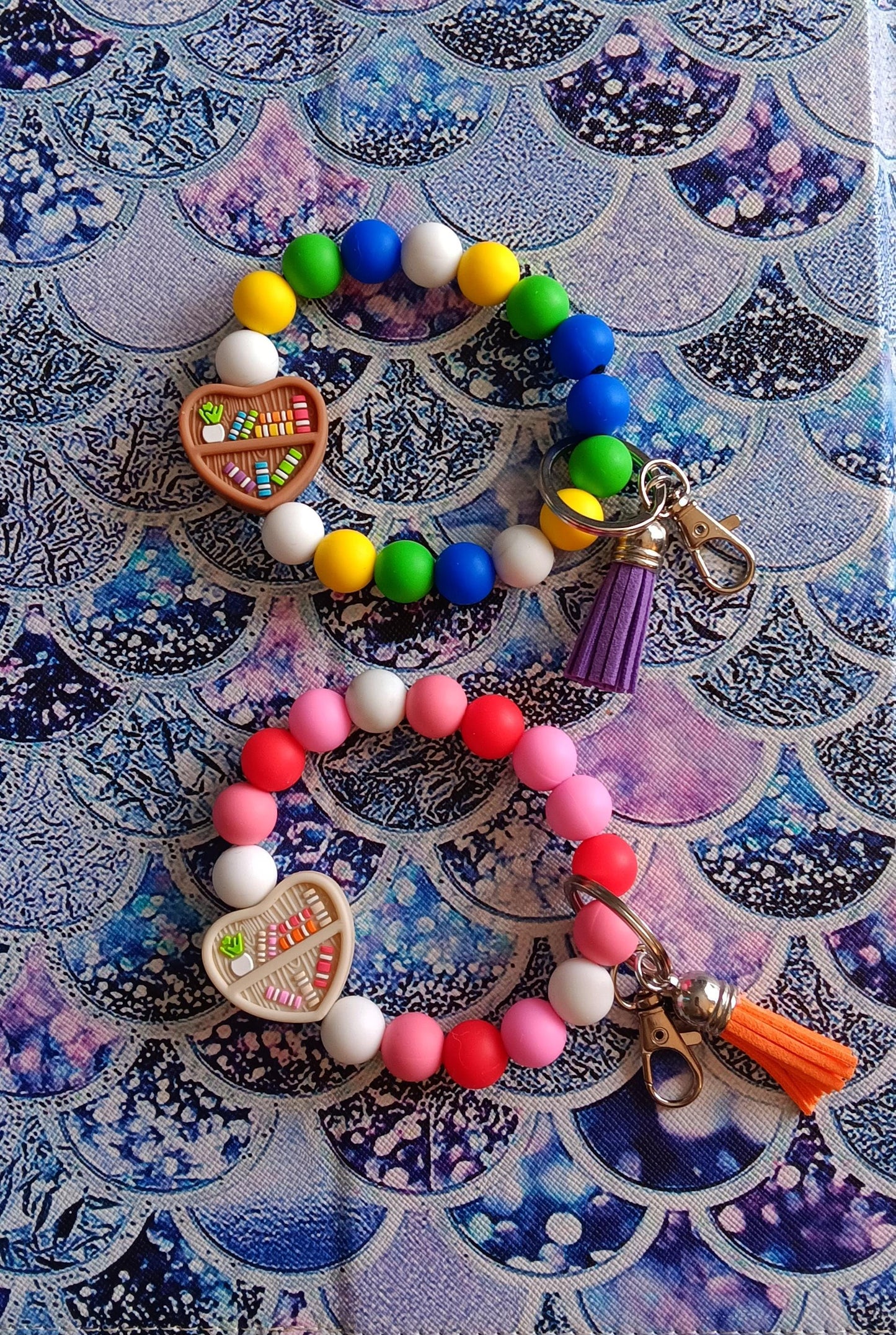 Silicone beaded wristlet keychain / bookworm  silicone beaded wristlet keychain / heart book lover bag accessories key chain gift