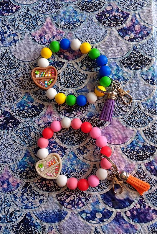 Silicone beaded wristlet keychain / bookworm  silicone beaded wristlet keychain / heart book lover bag accessories key chain gift