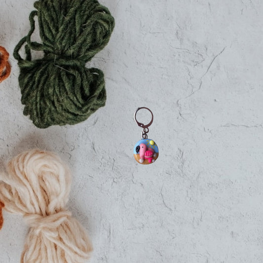 kawaii polymer clay flamingo beach stitch marker / clay shell flamingo on beach progress keeper knitting crochet charm / clay stitchmarker
